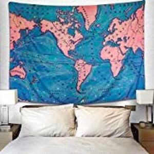 Blue and Pink World Map Tapestry (51.2” x 59.1”)